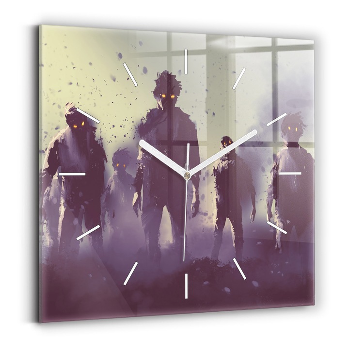 Falióra, Wallfluent, üveg, Fehér mutatók, Nincsenek számok, Zombi éjjel - Halloween, Fekete, Négyzetek 30x30 cm, 010010500010100271310
