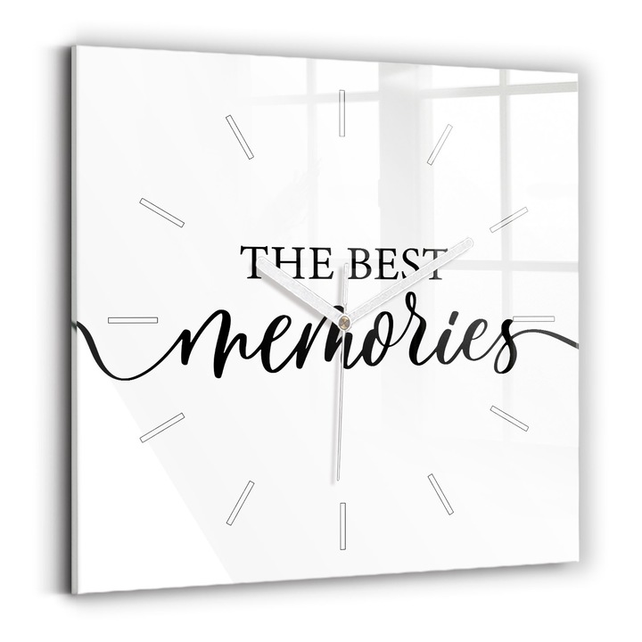 Falióra, Wallfluent, üveg, Fehér mutatók, Számok nélkül, Emlékek felirata, Többszínű, Négyzetek 30x30 cm, 010010500010100271315