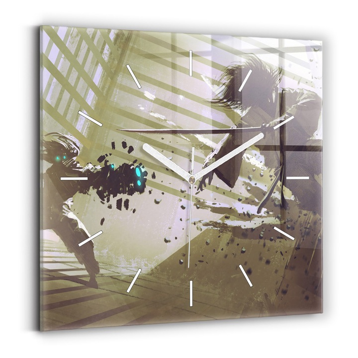 Falióra, Wallfluent, üveg, Fehér mutatók, Nincsenek számok, Robot és szamuráj harcol, Kék, Négyzetek 30x30 cm, 010010500010100271311