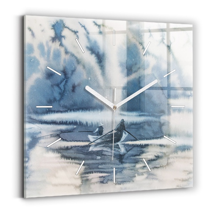 Falióra, Wallfluent, üveg, Fehér mutatók, Számok nélkül, Halász a tavon, Kék, Négyzetek 30x30 cm, 010010500010100271417