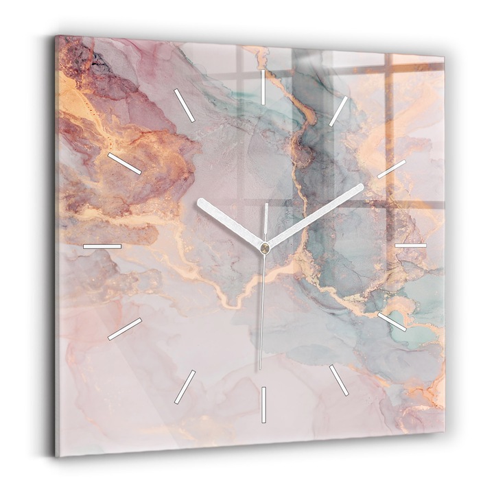 Falióra, Wallfluent, üveg, Fehér mutatók, Számok nélkül, Márvány textúra, Többszínű, Négyzetek 30x30 cm, 010010500010100270971