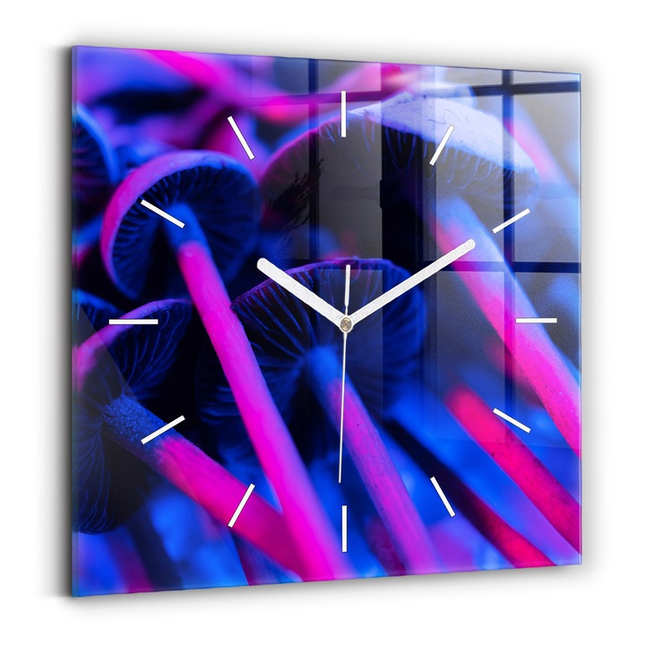 Falióra, Wallfluent, üveg, Fehér mutatók, Nincsenek számok, Mágikus színű gombák, Rózsaszín, Négyzetek 30x30 cm, 010010500010100271378