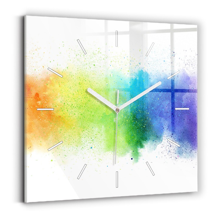 Falióra, Wallfluent, üveg, Fehér mutatók, Számok nélkül, Szivárvány absztrakt, Többszínű, Négyzetek 30x30 cm, 010010500010100271337