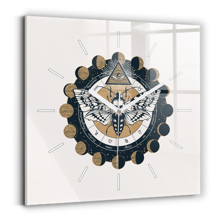 Falióra, Wallfluent, üveg, Fehér mutatók, Számok nélkül, Hold- és szemfázis, Fekete, Négyzetek 30x30 cm, 010010500010100271476