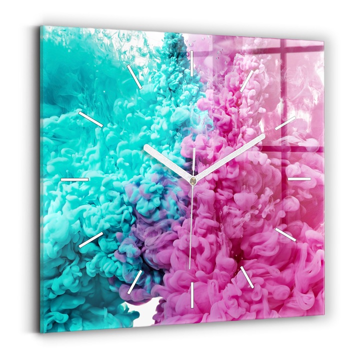 Falióra, Wallfluent, üveg, Fehér mutatók, Nincsenek számok, Modern művészet - foltok, Rózsaszín, Négyzetek 30x30 cm, 010010500010100271613