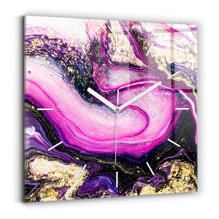 Falióra, Wallfluent, üveg, Fehér mutatók, Nincsenek számok, Márvány absztrakció, Rózsaszín, Négyzetek 30x30 cm, 010010500010100270444