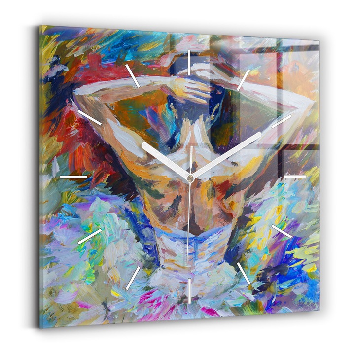 Falióra, Wallfluent, üveg, Fehér mutatók, Számok nélkül, Festett balerina, Tarka, Négyzetek 30x30 cm, 010010500010100270457