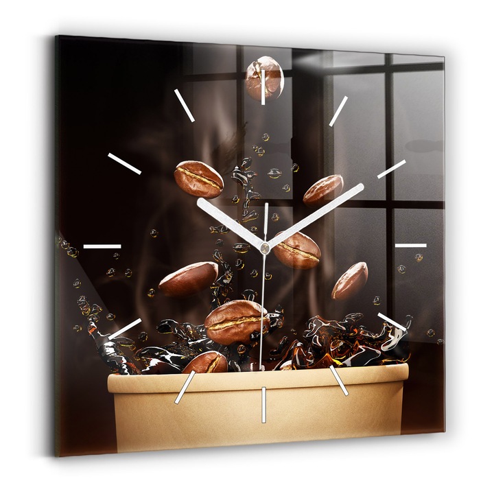 Falióra, Wallfluent, üveg, Fehér mutatók, Számok nélkül, Forró kávé, Barna, Négyzetek 30x30 cm, 010010500010100076413