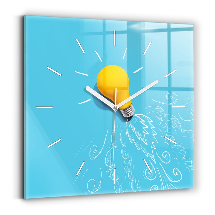 Falióra, Wallfluent, üveg, Fehér mutatók, Számok nélkül, Rajz izzókkal, Kék, Négyzetek 30x30 cm, 010010500010100271600