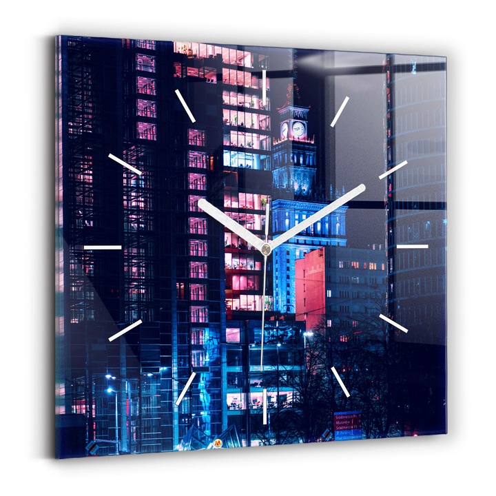 Falióra, Wallfluent, üveg, Fehér mutatók, Nincs szám, Varsó éjjel, Fekete, Négyzetek 30x30 cm, 010010500010100271824