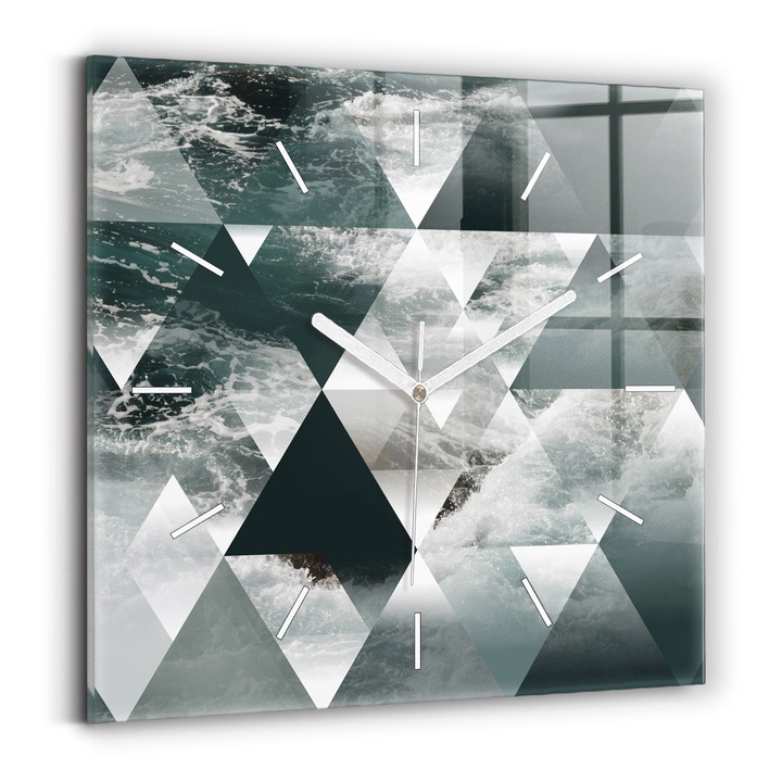 Falióra, Wallfluent, üveg, Fehér mutatók, Nincsenek számok, Tenger hullámai absztrakció, Kék, Négyzetek 30x30 cm, 010010500010100270916