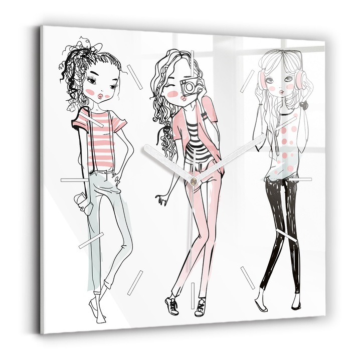 Falióra, Wallfluent, üveg, Fehér mutatók, Számok nélkül, Női divat, Rózsaszín, Négyzetek 30x30 cm, 010010500010100271152