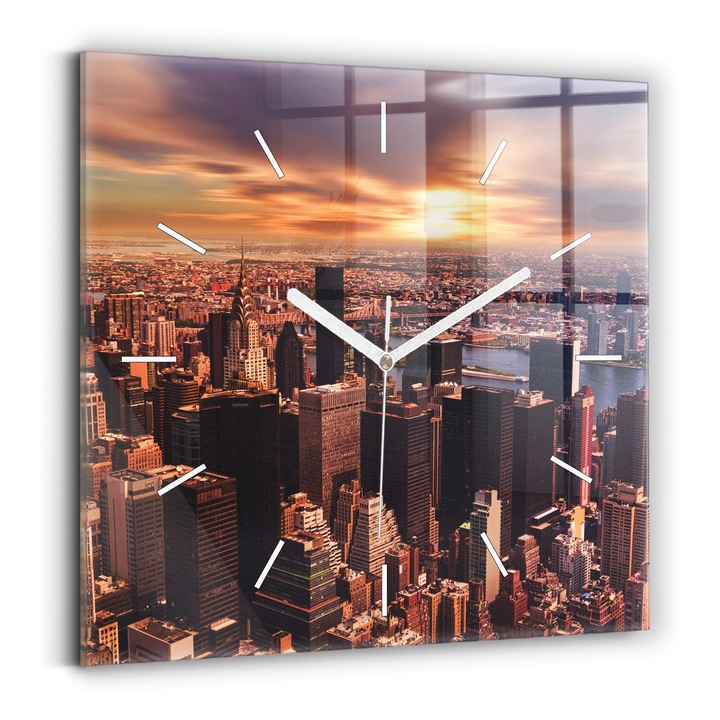 Falióra, Wallfluent, üveg, Fehér mutatók, Nincsenek számok, Panoráma a Nyugat városára, Narancs, Négyzetek 30x30 cm, 010010500010100271905