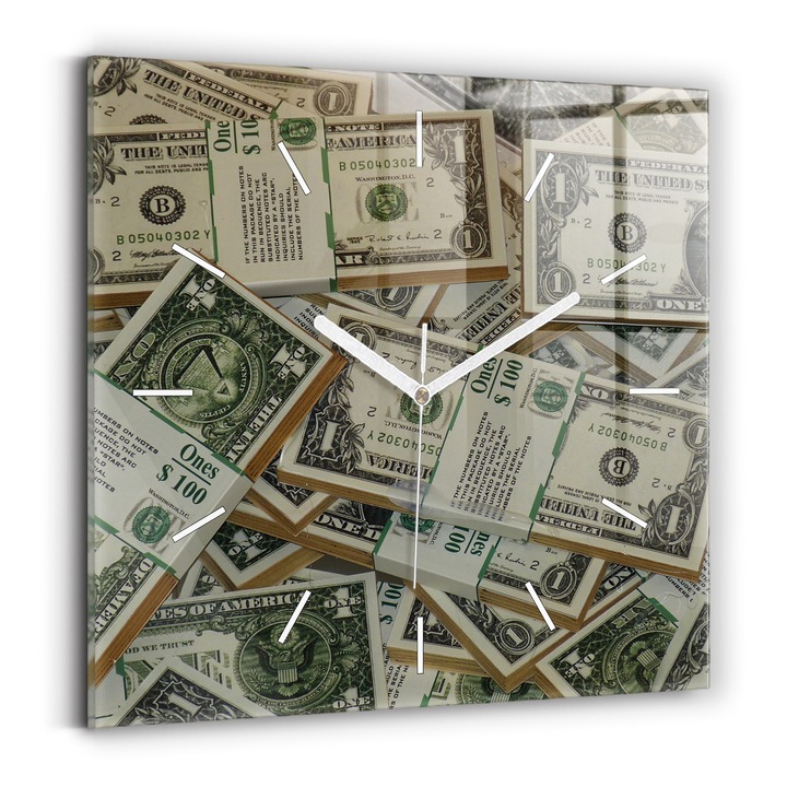 Falióra, Wallfluent, üveg, fehér mutatók, számok nélkül, 1 dollár, zöld, négyzetek 30x30 cm, 010010500010100271892