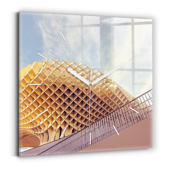 Falióra, Wallfluent, üveg, Fehér mutatók, Számok nélkül, Sevil Point Sevillából, Arany, Négyzetek 30x30 cm, 010010500010100271832