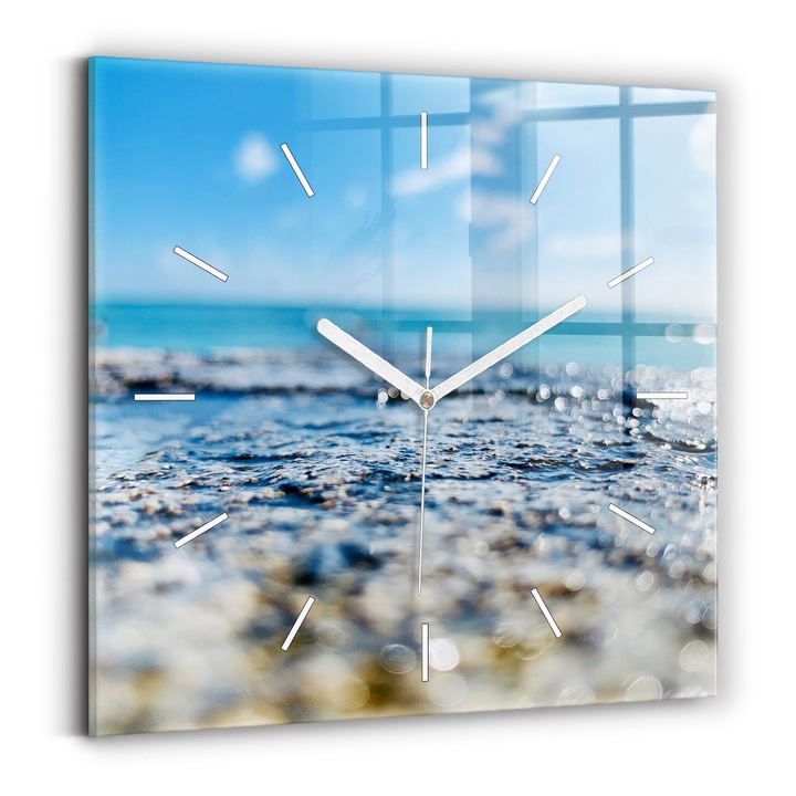 Falióra, Wallfluent, üveg, Fehér mutatók, Számok nélkül, Vízfotó, Kék, Négyzetek 30x30 cm, 010010500010100271866