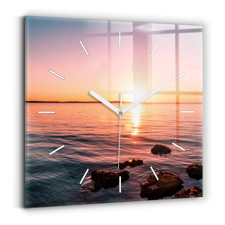 Falióra, Wallfluent, üveg, Fehér mutatók, Nincsenek számok, Sziklák naplementekor, Narancs, Négyzetek 30x30 cm, 010010500010100271879