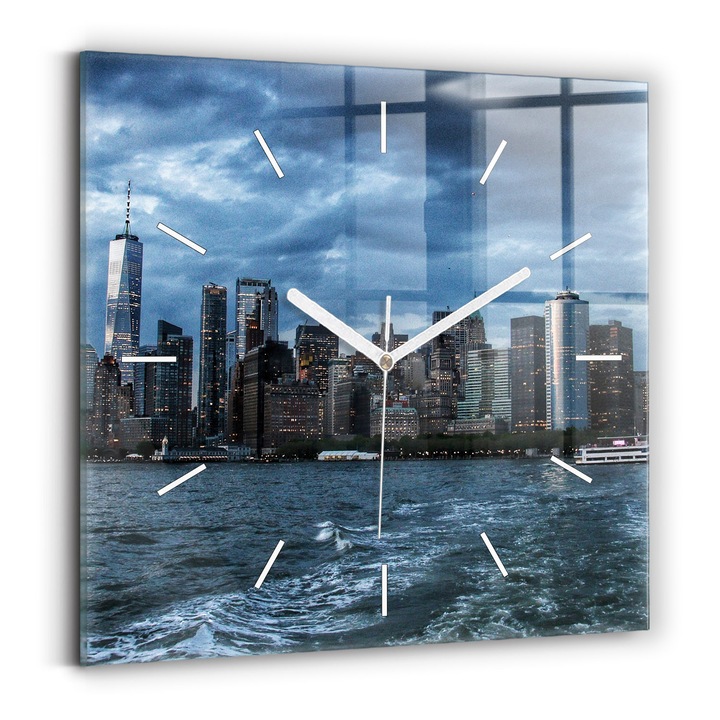 Falióra, Wallfluent, üveg, Fehér mutatók, Nincs szám, New York panoráma, Kék, Négyzetek 30x30 cm, 010010500010100271881
