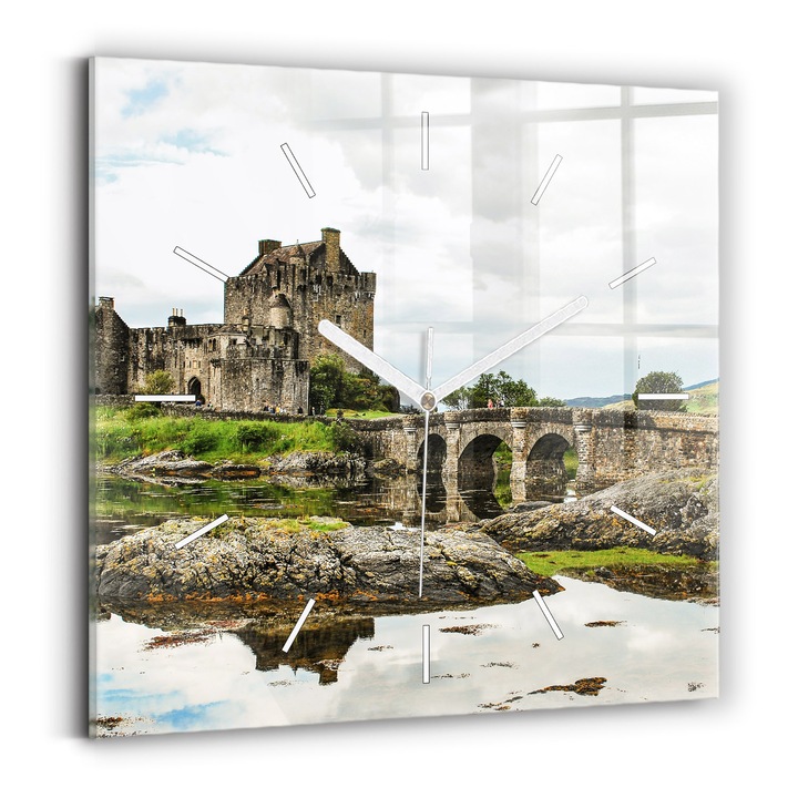 Falióra, Wallfluent, üveg, Fehér mutatók, Nincsenek számok, Eilean Donan Castle Scotland, Zöld, Négyzetek 30x30 cm, 010010500010100271901