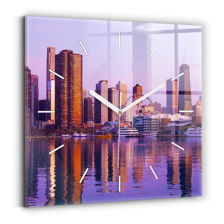 Falióra, Wallfluent, üveg, fehér mutatók, számok nélkül, kilátás az amerikai felhőkarcolókra, lila, négyzetek 30x30 cm, 010010500010100271888