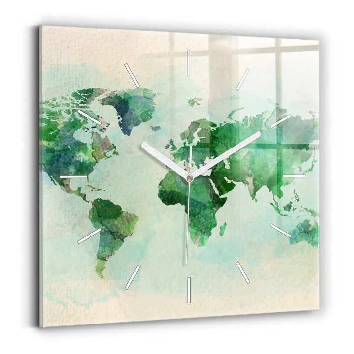 Falióra, Wallfluent, üveg, Fehér mutatók, Nincsenek számok, Akvarell világtérkép, Zöld, Négyzetek 30x30 cm, 010010500010100270809