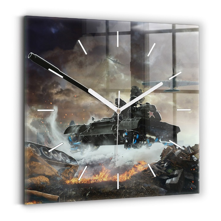 Falióra, Wallfluent, üveg, Fehér mutatók, Számok nélkül, Tank grafika, Fekete, Négyzetek 30x30 cm, 010010500010100271400