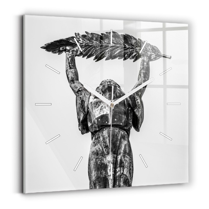 Falióra, Wallfluent, üveg, Fehér mutatók, Számok nélkül, Szabadság-szobor Budapesten, Szürke, Négyzetek 30x30 cm, 010010500010100271849