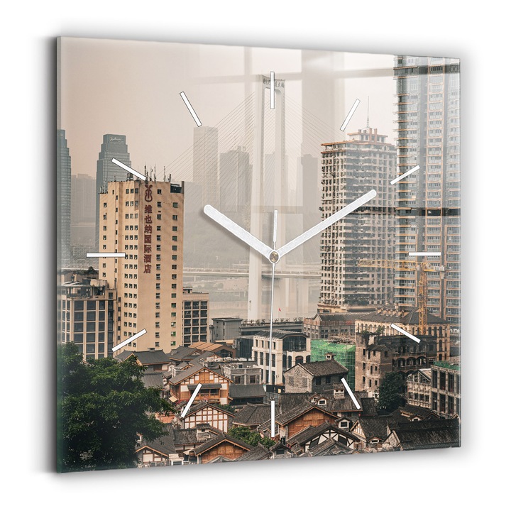 Falióra, Wallfluent, üveg, Fehér mutatók, Nincsenek számok, Chongqing óváros, Barna, Négyzetek 30x30 cm, 010010500010100271966