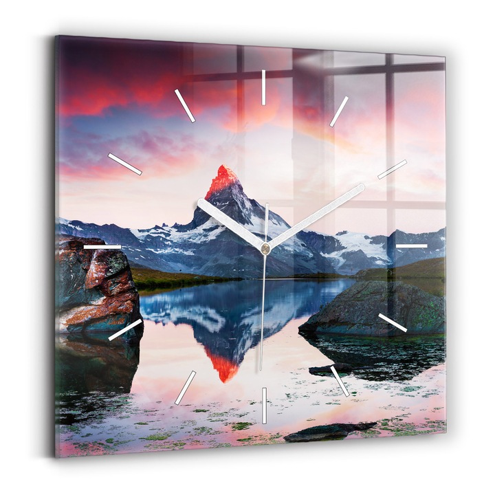 Falióra, Wallfluent, üveg, Fehér mutatók, Nincs szám, Stellisee Matterhorn, Rózsaszín, Négyzetek 30x30 cm, 010010500010100271329