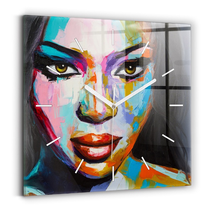 Falióra, Wallfluent, üveg, Fehér mutatók, Nincsenek számok, Színes női arc, Többszínű, Négyzetek 30x30 cm, 010010500010100271437