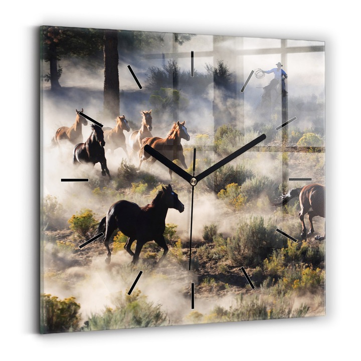 Falióra, Wallfluent, üveg, Fekete mutatók, Számok nélkül, Száguldó lovak csordája, Barna, Négyzetek 30x30 cm, 010010500010200267113