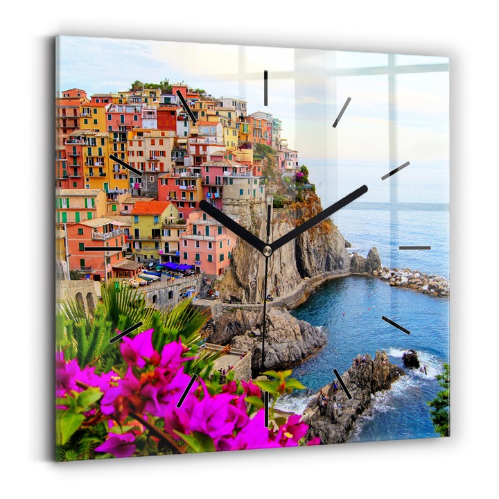 Falióra, Wallfluent, üveg, Fekete mutatók, Nincsenek számok, Cinque Terre Coast, Kék, Négyzetek 30x30 cm, 010010500010200246420