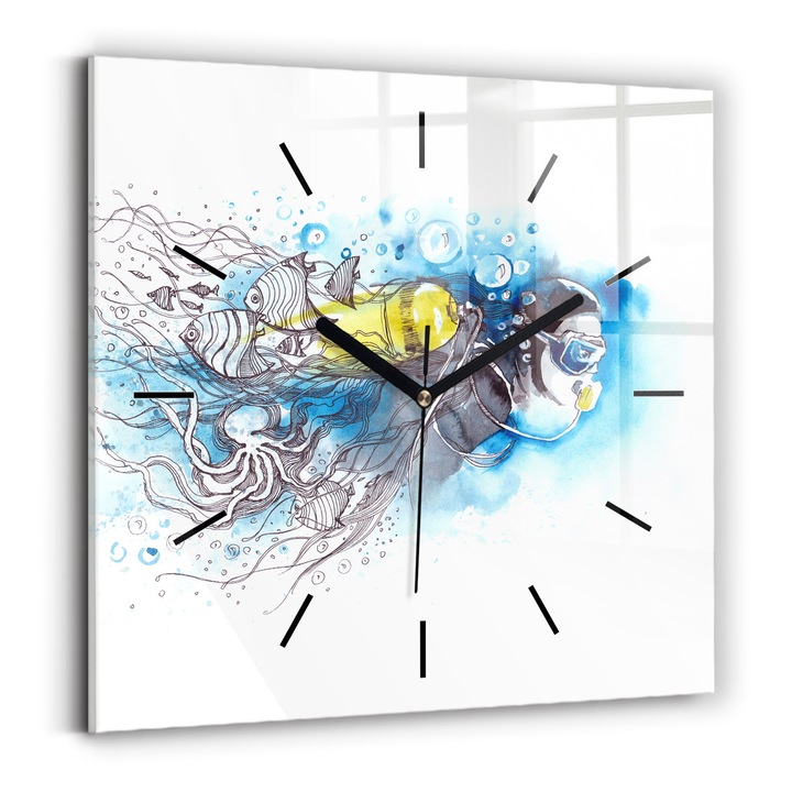 Falióra, Wallfluent, üveg, Fekete mutatók, Nincs szám, Halak víz alatti élete, Kék, Négyzetek 30x30 cm, 010010500010200267915