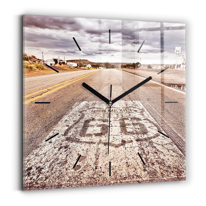 Falióra, Wallfluent, üveg, Fekete mutatók, Nincsenek számok, Route route 66 USA, Barna, Négyzetek 30x30 cm, 010010500010200267847