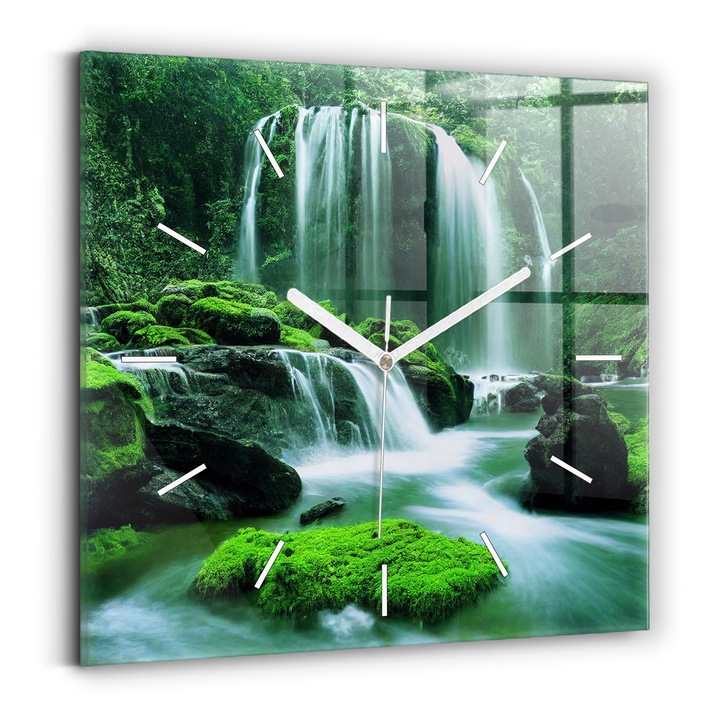 Falióra, Wallfluent, üveg, Fehér mutatók, Nincsenek számok, Vízesés mohák között, Zöld, Négyzetek 30x30 cm, 010010500010100271432