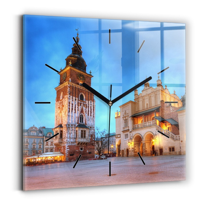 Falióra, Wallfluent, üveg, Fekete mutatók, Nincsenek számok, Krakkó Főtere, Sárga, Négyzetek 30x30 cm, 010010500010200268173