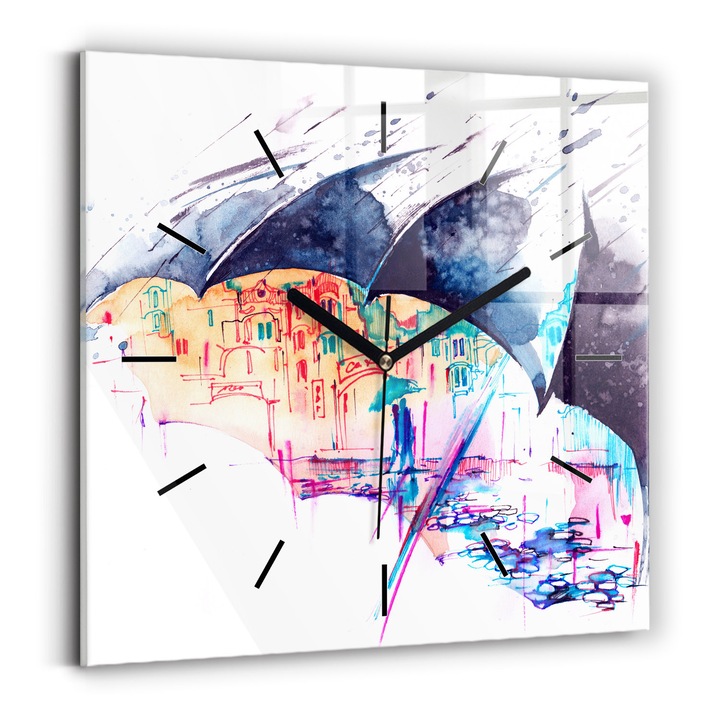 Falióra, Wallfluent, üveg, Fekete mutatók, Számok nélkül, Eső és városi esernyő, Többszínű, Négyzetek 30x30 cm, 010010500010200268253