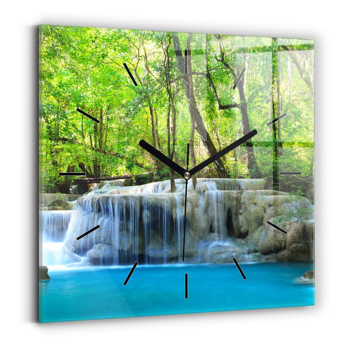 Falióra, Wallfluent, üveg, Fekete mutatók, Nincsenek számok, Vízesés az erdőben, Zöld, Négyzetek 30x30 cm, 010010500010200268268