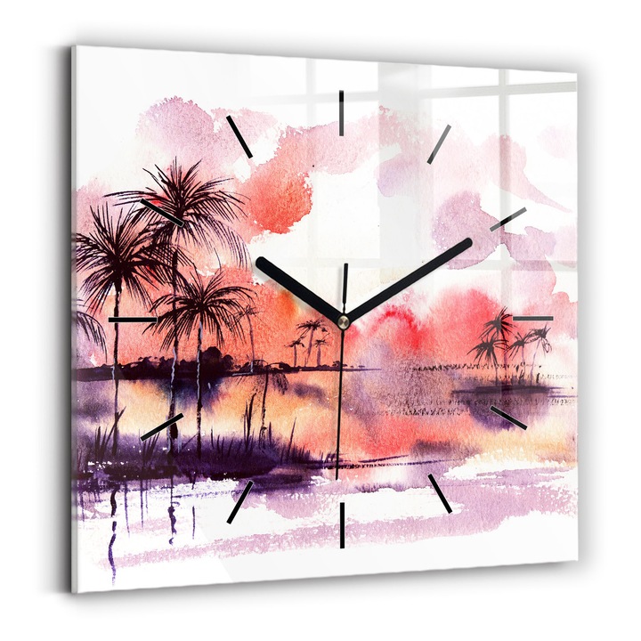 Falióra, Wallfluent, üveg, Fekete mutatók, Nincsenek számok, Trópusi táj, Rózsaszín, Négyzetek 30x30 cm, 010010500010200267922