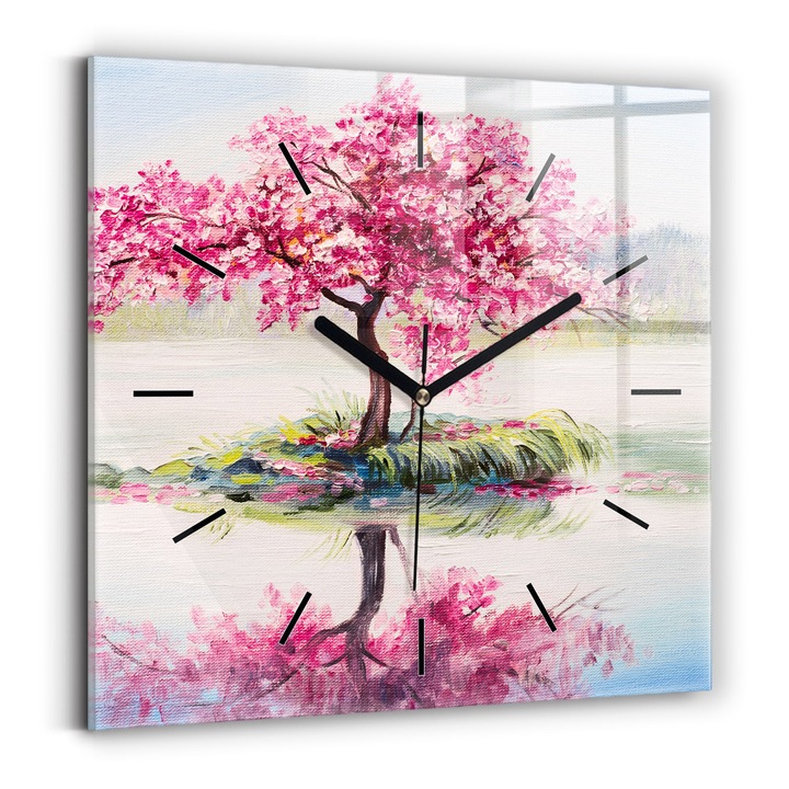 Falióra, Wallfluent, üveg, Fekete mutatók, Számok nélkül, Egy fa mozaikja, Rózsaszín, Négyzetek 30x30 cm, 010010500010200255201