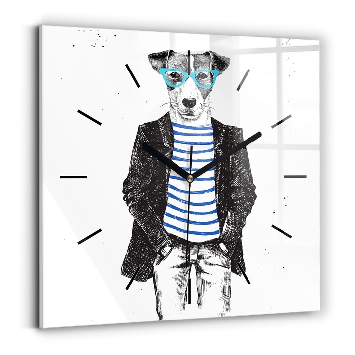 Falióra, Wallfluent, üveg, Fekete kezek, Nincsenek számok, Kutya emberi testben, Kék, Négyzetek 30x30 cm, 010010500010200267020