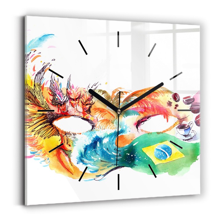 Falióra, Wallfluent, üveg, Fekete mutatók, Nincsenek számok, Kultúra - Brazil zászló, Zöld, Négyzetek 30x30 cm, 010010500010200268166