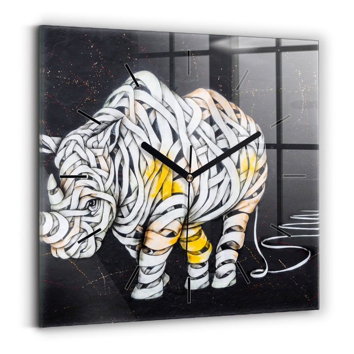 Falióra, Wallfluent, üveg, Fekete mutatók, Nincsenek számok, Absztrakt orrszarvú, Fekete, Négyzetek 30x30 cm, 010010500010200254278