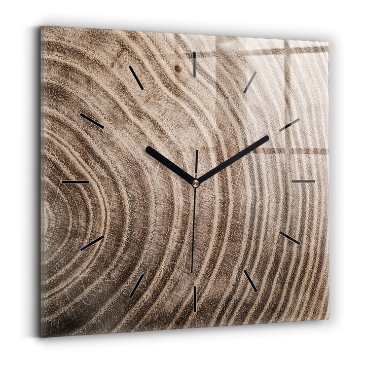 Falióra, Wallfluent, üveg, Fekete mutatók, Számok nélkül, Fatörzs, Barna, Négyzetek 30x30 cm, 010010500010200257238