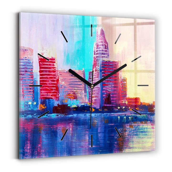 Falióra, Wallfluent, üvegből, Fekete mutatók, Nincsenek számok, Absztrakciós karcos felhők, Kék, Négyzetek 30x30 cm, 010010500010200267377