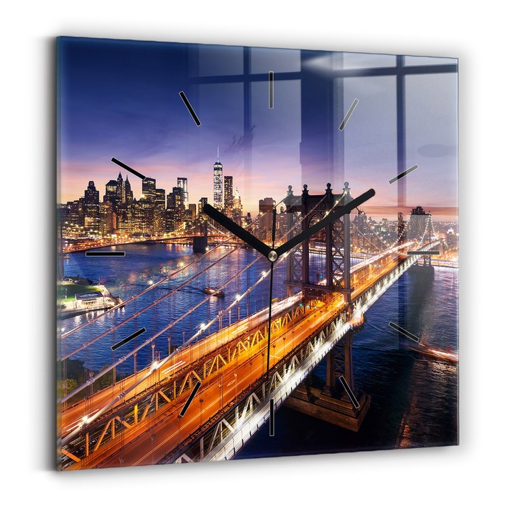 Falióra, Wallfluent, üveg, Fekete mutatók, Nincs szám, New York és Sunset, Kék, Négyzetek 30x30 cm, 010010500010200267345