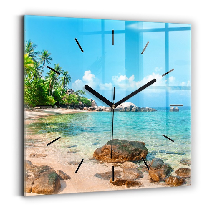 Falióra, Wallfluent, üveg, Fekete mutatók, Nincsenek számok, Gyönyörű tengerpart Thaiföldön, Zöld, Négyzetek 30x30 cm, 010010500010200267320