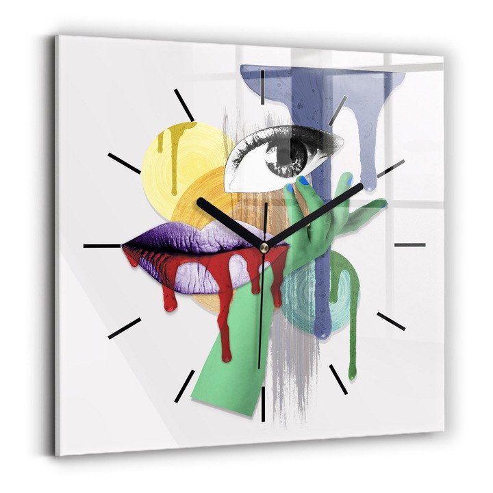 Falióra, Wallfluent, üveg, Fekete mutatók, Nincsenek számok, Szürreális kollázs, Zöld, Négyzetek 30x30 cm, 010010500010200267268