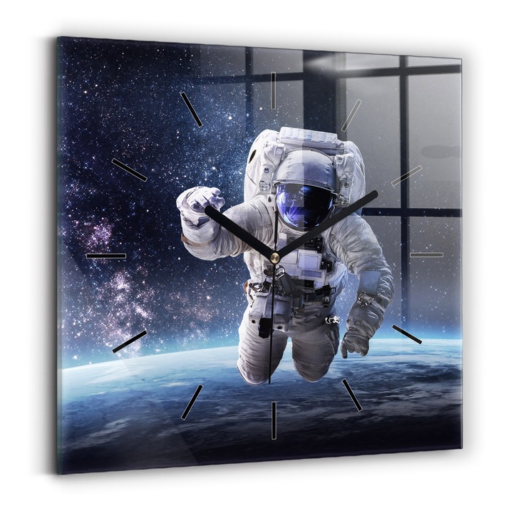 Ceas de perete, Wallfluent, de sticla, Mainile negre, Fara cifre, Astronaut deasupra solului, Multicolor, Patrate 30x30 cm, 010010500010200267460