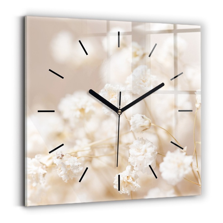 Ceas de perete, Wallfluent, de sticla, Mainile negre, Fara cifre, Flori albe mici, Alb, Patrate 30x30 cm, 010010500010200267518